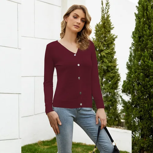 Vista 2 de Suéter ligero de punto suave con cuello en V y manga larga con botones para mujer