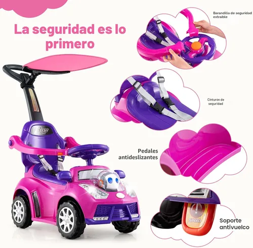 Vista 5 de Costzon Coche de empuje para niños pequeños, cochecito 3 en 1, auto deslizante para caminar con asa, toldo, cinturón de seguridad, bocina, música