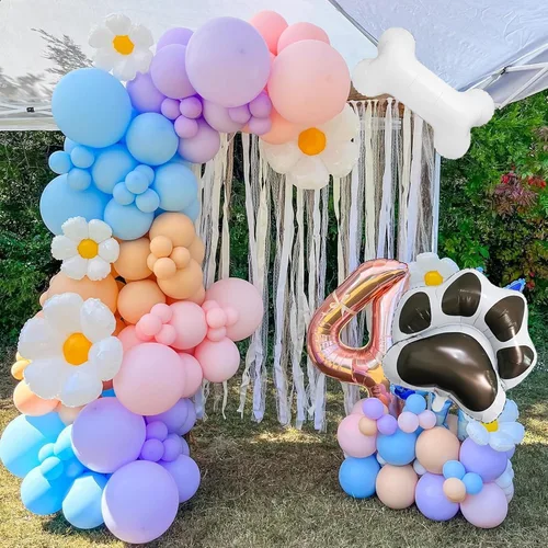 Vista 7 de Kit de arco de globos azules 140 piezas azul pastel rosa morado rubor globos con margarita hueso pata de perro globos de papel de aluminio