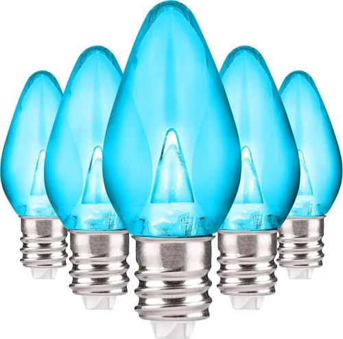 Vista 2 de Enchufe de iluminación navideña LED liso C7 verde azulado bombillas de repuesto para enchufes E12, grado comercial de bajo consumo, 2 bombillas