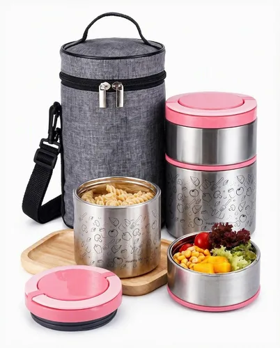 Vista 7 de Lille Home Caja de almuerzo/merienda térmica apilable de acero inoxidable aislada al vacío, contenedor Bento/de comida de 2 niveles con bolsa