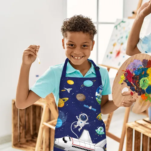 Vista 7 de DECOWALL AP-004 - Delantal para niños, planetas espaciales para niños y niñas, delantales de cocina con bolsillo para niños, cocina, hornear