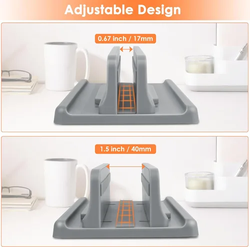Vista 6 de Soporte vertical para laptop, plástico ABS, base ajustable de hasta 15 pulgadas, ahorro de espacio para MacBook/Surface/iPad/mini PC (gris espacial)