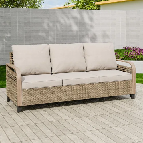 Vista 6 de EAGLE PEAK Sofá de mimbre para patio al aire libre, muebles modernos de ratán para patio, terraza, porche, balcón, sofá de 3 asientos, marrón/gris