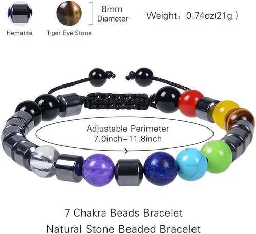 Vista 4 de Brazalete GelConnie de piedras de lava, 7 chakras, 0.32 pulgadas, piedra natural, para curación, alivio del estrés, yoga, ansiedad, aromaterapia