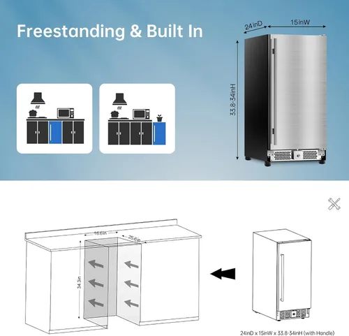 Vista 3 de Refrigerador de bebidas para exteriores de 15 pulgadas, refrigerador debajo de la encimera, enfriador de vino para exteriores de 120 latas