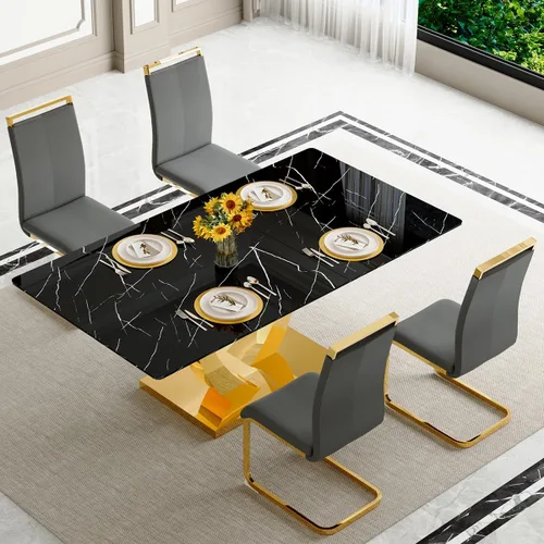 Vista 27 de Juego de mesa de comedor negra para 4, 63 x 35.4 x 30 pulgadas, mesa de comedor moderna rectangular con patas y base de acero inoxidable, sillas