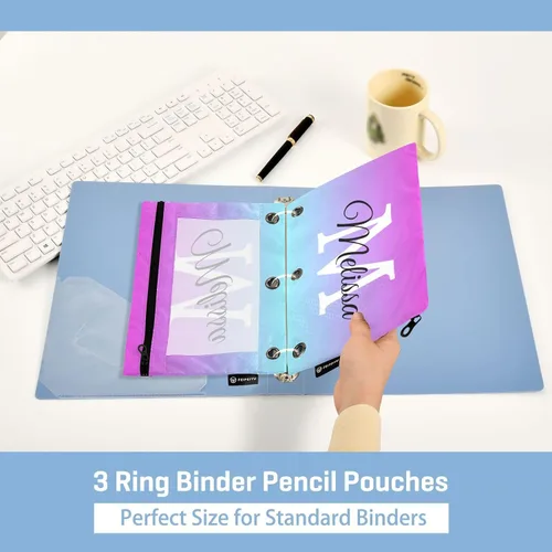 Vista 5 de Estuche para lápices personalizado degradado morado para 3 anillas, bolsa de lápices personalizada con cremallera, estuche transparente