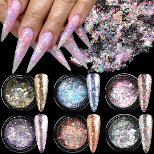 Vista 8 de Polvo de uñas cromado iridiscente, 6 cajas de copos de ópalo de fuego de cristal para arte de uñas, lentejuelas holográficas de sirena con purpurina