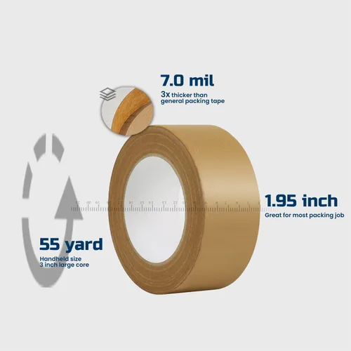 Vista 2 de Lichamp Cinta de embalaje de papel Kraft, cinta de envío marrón engomada para cajas y cartones, 2 pulgadas x 55 yardas x 7 mil