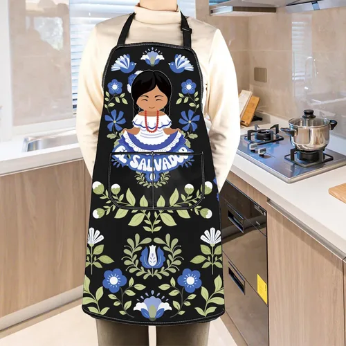 Vista 4 de WCGXKO Delantal de cocina inspirado en El Salvador, regalo de arte floral salvadoreño, mercancía de flores de El Salvador