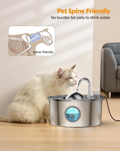 Vista 6 de AONBOY Fuente de agua para gatos con ventana de nivel de agua, fuente para gatos de 108 oz/3.2 L, acero inoxidable, 6 filtros + 3 filtros