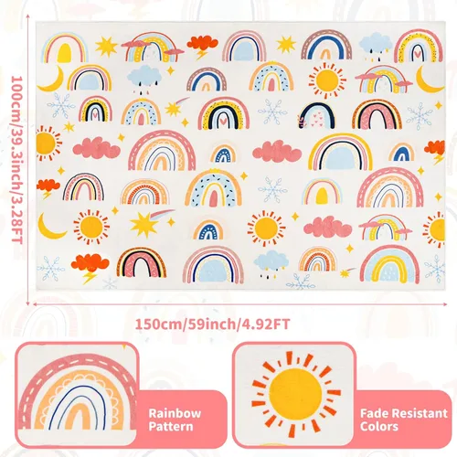 Vista 2 de Alfombra de arco iris para niños, 3 pies 3 pulgadas x 4 pies 11 pulgadas, alfombra suave para niños, alfombra grande lavable espacial