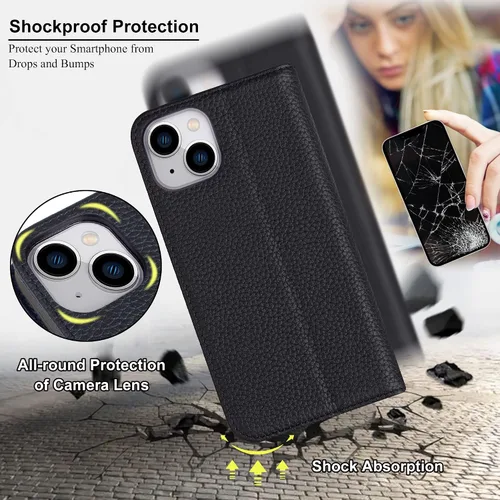 Vista 5 de VISOUL Funda tipo cartera de piel auténtica para iPhone 14, con tapa magnética, con tarjetero y función atril, compatible con iPhone 14