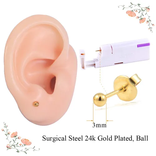 Vista 2 de Firstomato Juego de 2 piercings desechables para la oreja, pistola de perforación de oreja, kit de perforación de cartílago con aretes oro de 24