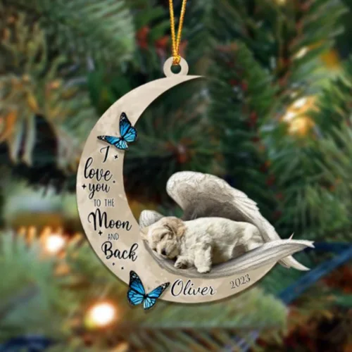 Vista 37 de Adorno colgante personalizado de ángel durmiendo en la luna, perro sabueso afgano, nombre personalizado, acrílico impreso en 2D plano – cumpleaños
