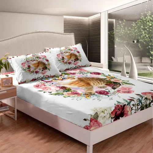 Vista 4 de Erosebridal Juego de sábanas de tamaño individual con diseño de gatos y gatos, con temática de animales, con flores coloridas, juego de sábanas