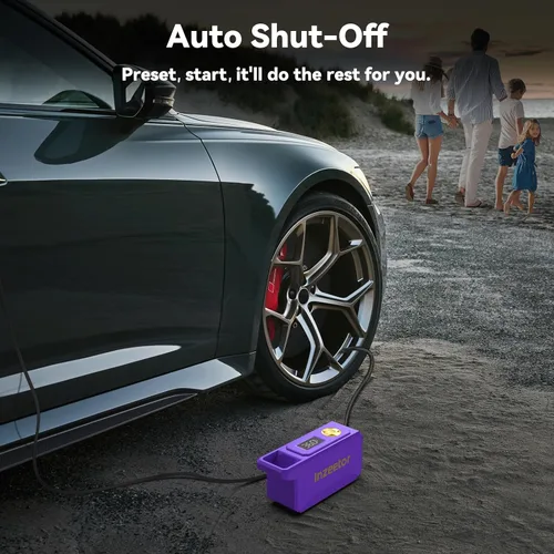 Vista 4 de Compresor de aire portátil con inflador de neumáticos de 150 PSI con presión digital, morado Bomba de aire de apagado automático de 12V DC Luz LED