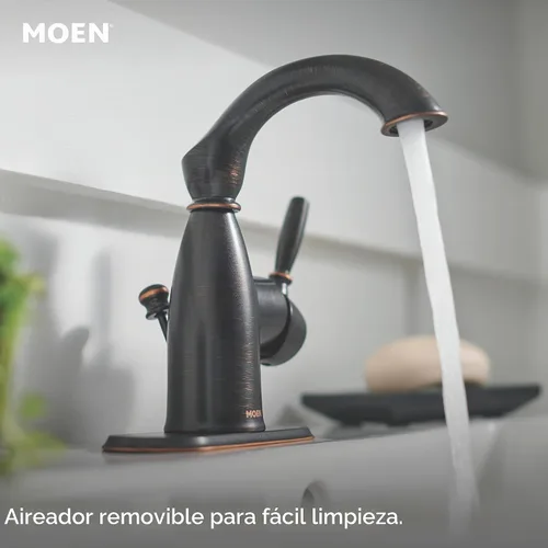 Vista 4 de Moen Sarona Bronce Mediterráneo de un solo mango y un solo agujero grifo de lavabo de baño rústico de estilo granja con placa de cubierta opcional