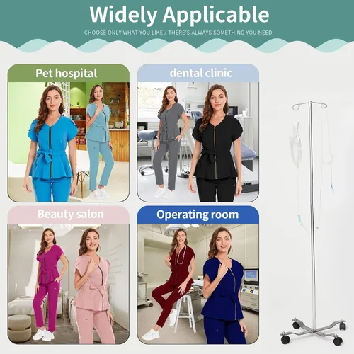 Vista 6 de niaahinn Conjunto de ropa quirúrgica para mujer, uniforme médico, camiseta y pantalones con cremallera y cordón, ropa de trabajo dental