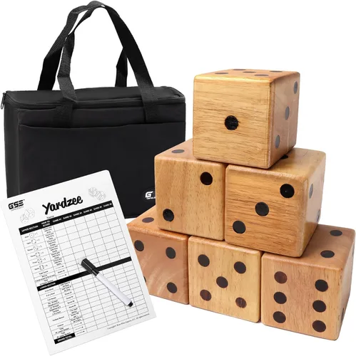 Vista 8 de GSE Games & Sports Expert Juego de dados gigantes de roble prémium de 3.5 pulgadas con cubo y tarjeta de puntuación Yardzee y Farkle. Juego