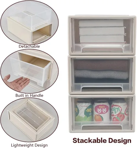 Vista 4 de Gloreen Cajones de almacenamiento apilables de plástico de 12 L, 3 paquetes de caja de cajón compacta de escritorio Beige