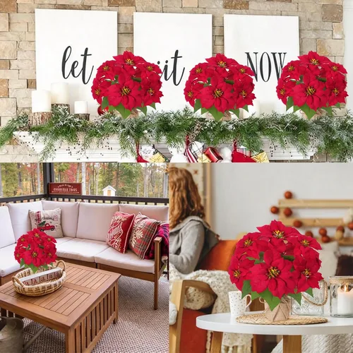 Vista 6 de Mini árbol de Navidad con flores artificiales en maceta 1cs pequeño en maceta-13 pulgadas