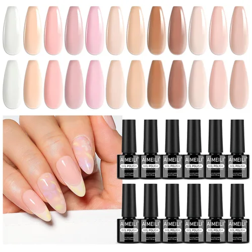 Vista 6 de AIMEILI Juego de esmaltes de uñas de gel nude – 12 colores sin hema, gelatina neutra, rosa, blanco lechoso, efecto transparente, manicura