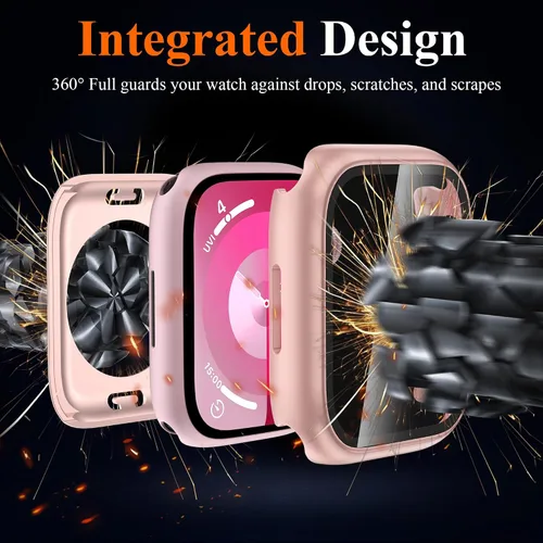 Vista 5 de YMHML Funda para Apple Watch Series 9/8/7 de 1.614 pulgadas, protector de pantalla de vidrio templado 360, cubierta frontal de policarbonato duro +