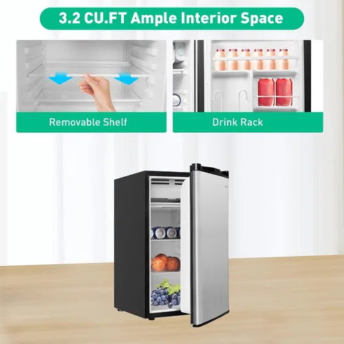 Vista 5 de Mini refrigerador de 3.2 pies cúbicos con congelador, refrigerador compacto con puerta reversible, patas ajustables, control de termostato