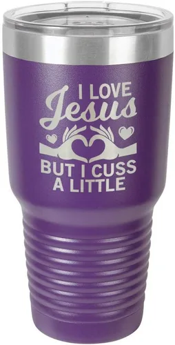 Vista 19 de Taza de viaje con texto en inglés "I Love Jessus I CUSS A LITTLE Engraved Tumbler", de acero con recubrimiento de polvo grabado con láser, sin BPA