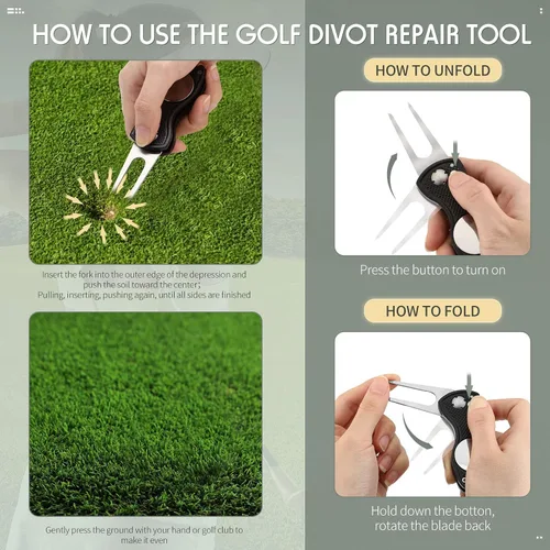 Vista 4 de Skylety 4 piezas herramienta de reparación de divot de golf plegable de metal con botón emergente magnético, marcador de bolas de acero inoxidable