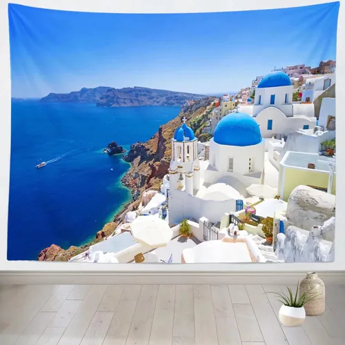 Vista 7 de Loccor Tapiz griego de la isla Santorini, edificio de pueblo griego de Oia, tapiz de pared costero azul, punto de referencia de Europa, para colgar