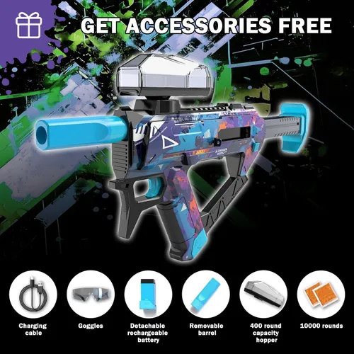 Vista 7 de Pistola eléctrica de bolas de gel, Blaster automático de bolas salpicadoras con potencia de disparo ajustable, 10,000 rondas de gel, tolva de 400