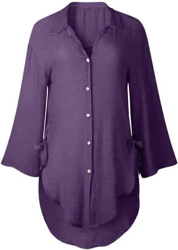 Vista 18 de Camisas de manga larga con botones para mujer, asimétricas, casuales, con cordones, túnica de gran