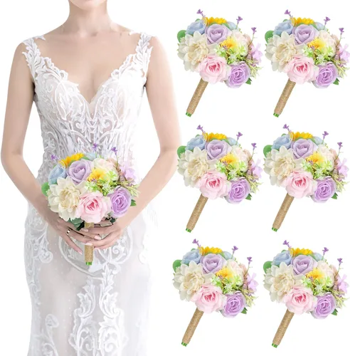 Vista 29 de Ramo de dama de honor artificial para boda, ramo de flores de seda prefabricadas de 7 pulgadas, ramo de flores pequeñas para dama de honor