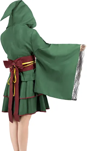 Vista 3 de Disfraz de anime para mujer diseño de kimono chaqueta con capucha falda corta conjunto de ropa verde S S