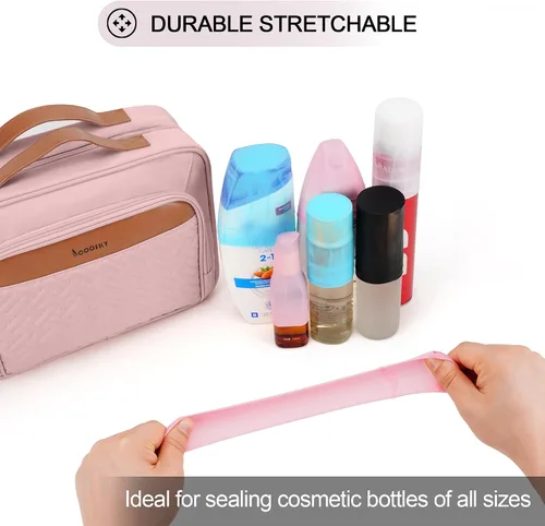 Vista 2 de Bolsa de aseo colgante de viaje para mujeres y hombres, con 6 cubiertas de botellas de silicona a prueba de fugas, accesorios impermeables