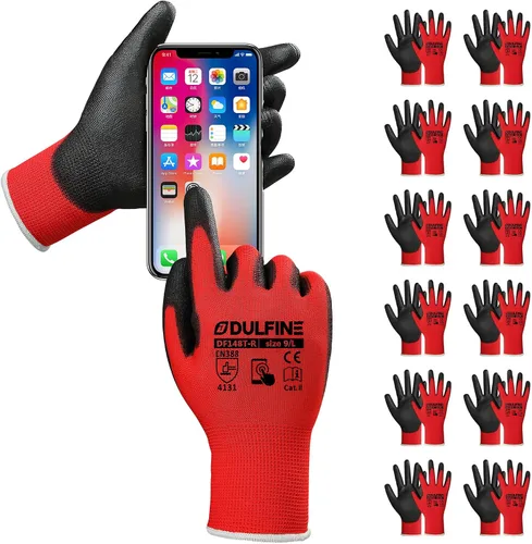 Vista 23 de DULFINE Guantes de trabajo ultrafinos con revestimiento de PU - 12 pares, excelente agarre, carcasa de nylon guantes de trabajo de seguridad