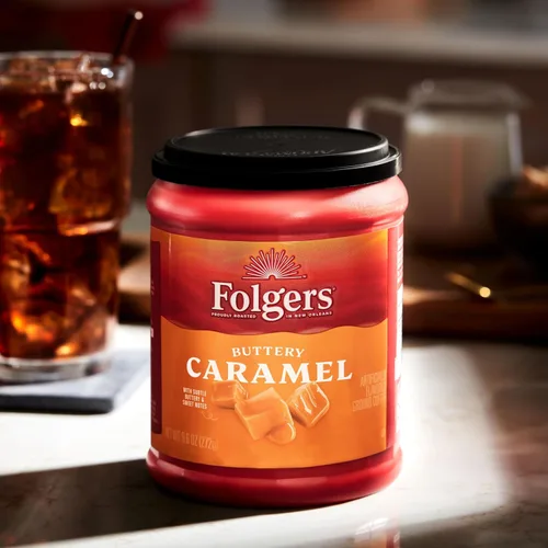 Vista 5 de Folgers Café molido con sabor a caramelo mantequilla, recipiente de 9.6 onzas (paquete de 6)
