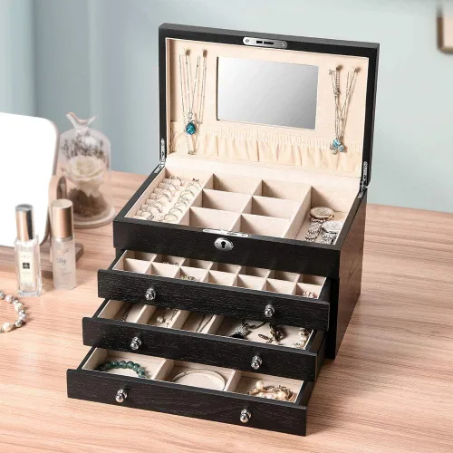 Vista 3 de TITISKIN Joyero grande de madera, joyero con espejo, caja de joyería con cerradura de 4 capas, caja de regalo, gabinete de joyería de escritorio