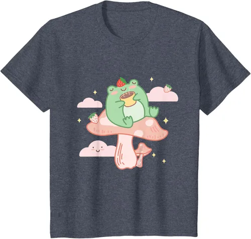 Vista 55 de Kawaii Strawberry Frog On Mushroom - Camiseta de manga corta de anime, Azul / Patchwork, S Azul Pastel