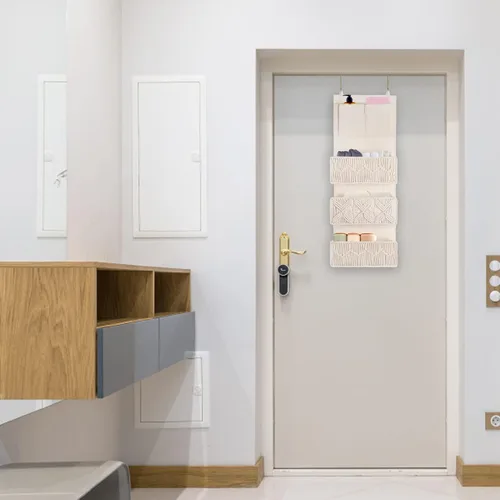 Vista 6 de FEILANDUO Organizador de armario de macramé bohemio con 3 bolsillos grandes tejidos detrás de la puerta organizador para guardería, despensa, baño