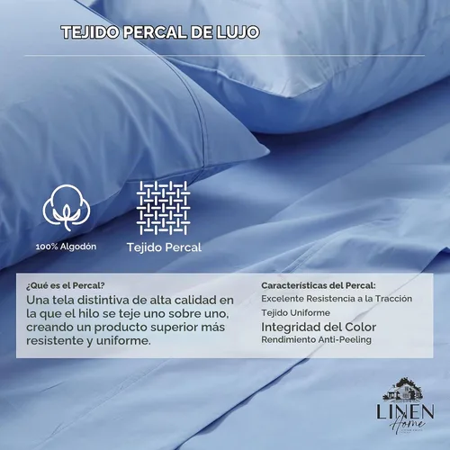 Vista 2 de Sábanas de 100% algodón percal, tamaño individual, 1 sábana encimera, ropa de cama fresca, resistente y transpirable, celeste Azul bebé