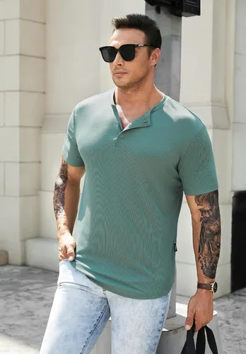 Vista 8 de JMIERR Camisas Henley para hombre con cuello redondo y botones
