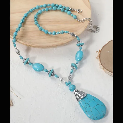 Vista 6 de K Collar bohemio turquesa con cuentas largas para mujer, joyería nativa para mujer, colgante étnico, joyería de estilo nacional, Zinc, No es una