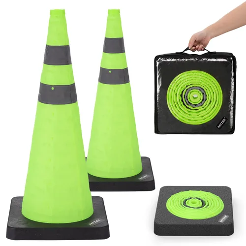 Vista 11 de BATTIFE [1 Paquete] Conos azules plegables de seguridad de tráfico de 28 pulgadas con base negra pesada, conos emergentes multiusos con collar