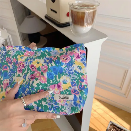 Vista 4 de Bolsa de maquillaje para mujer, bolsa de cosméticos de lona con cremallera, bolsa de maquillaje pequeña, bolsa de maquillaje floral, organizador
