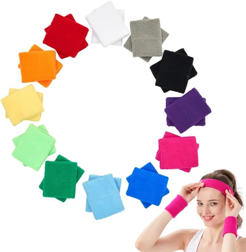 Vista 6 de 12 pares de muñequeras coloridas para el sudor, de algodón, para gimnasio, deportes
