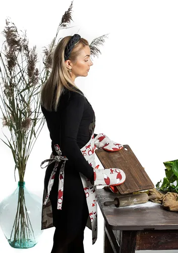 Vista 6 de Delantal de cocina de lino con 2 guantes cortos para horno, delantales de cocina con bolsillo frontal para mujeres y hombres con bonito diseño